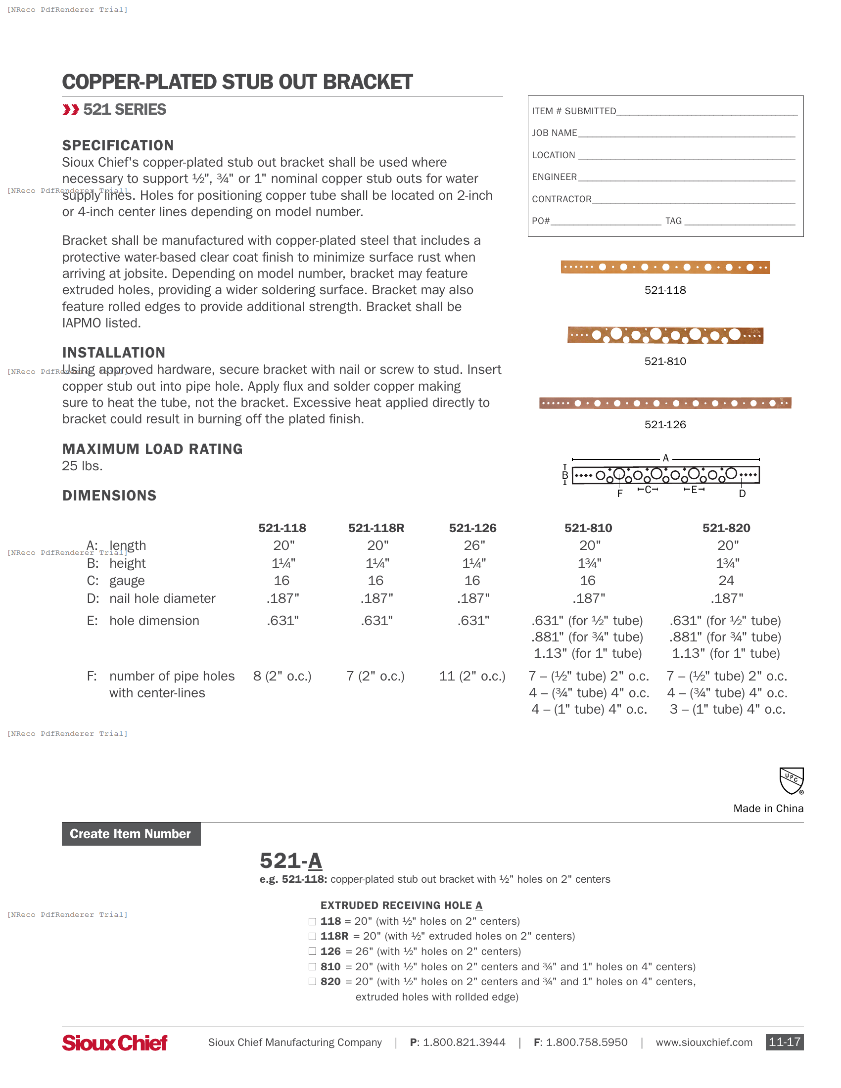 521 SERIES - COPPER-PLATED STUB OUT BRACKET - SPEC SHEET.PDF Specification Document